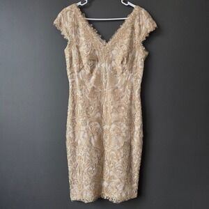 Tadashi Shoji‎ Corded Embroidery Tulle Cap Sleeve Gold Lace Sheath Dress Size 10